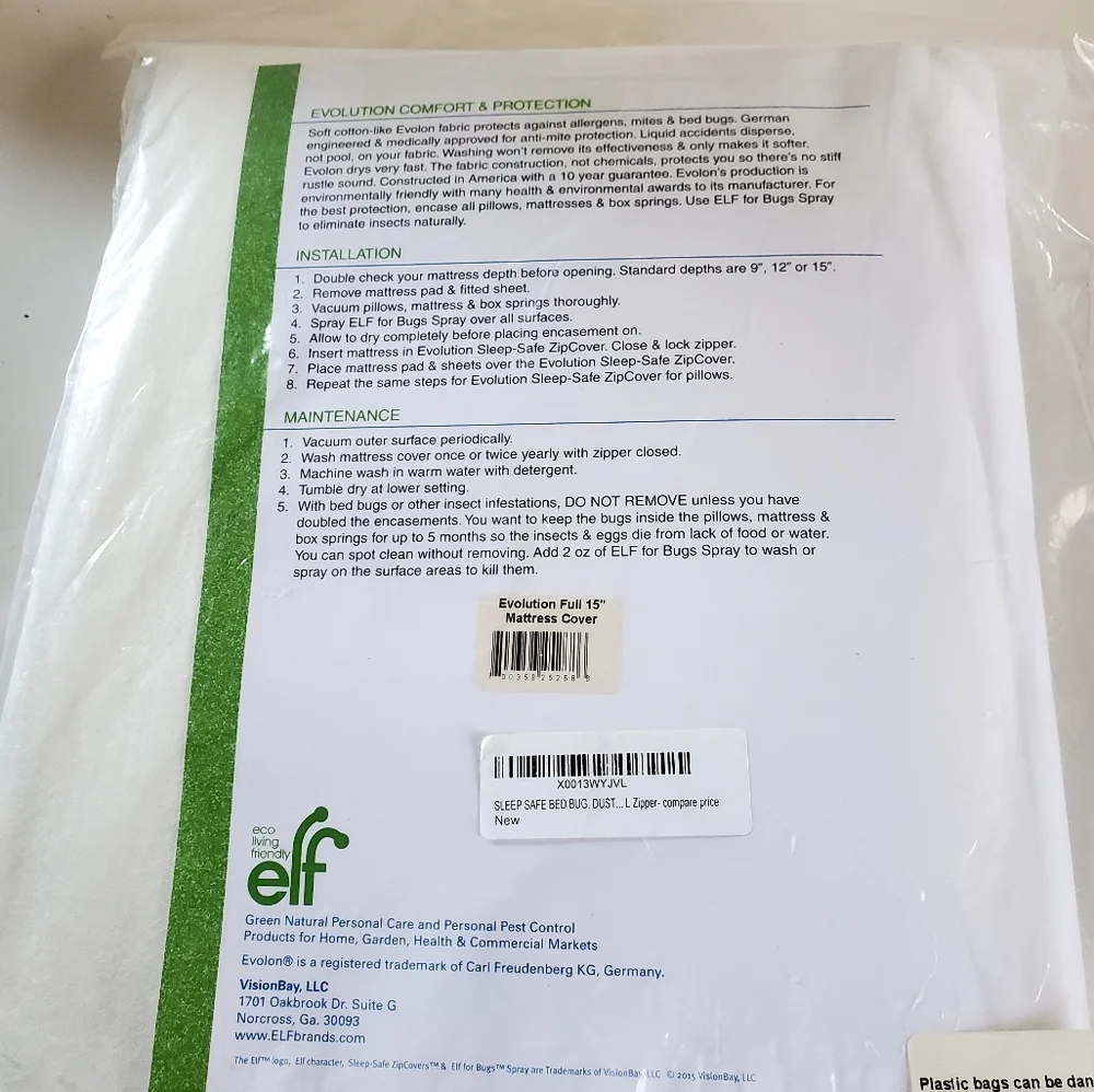 New ELF Sleep Safe Zip Mattress Cover - White Full Size